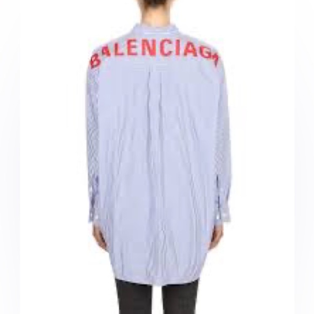 BALENCIAGA Women's Blue Oversize Logo Print Striped Poplin Shirt 34 S